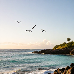 Caribbean Holidays, February Birdwatching, A Saint Martin coastline at sunrise with seabirds flying above turquoise water and rocky shorelines