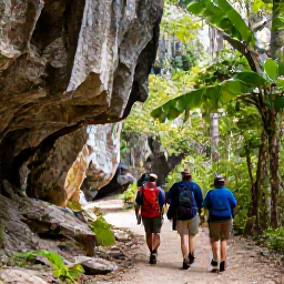 Caribbean Holidays, February Birdwatching, A small group of birdwatchers walking a forest trail in Los Haitises National Park, Dominican Republic, with limestone cliffs and mangroves