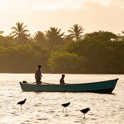 Caribbean Holidays, February Birdwatching, Birdwatcher exploring Guadeloupe mangroves by small boat at sunrise, with wading birds and tropical wetlands