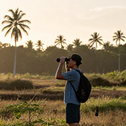 Caribbean Holidays, February Birdwatching, Birdwatcher in a quiet Dominican Republic wetland at sunrise, binoculars raised, native palms and tropical forest in the background