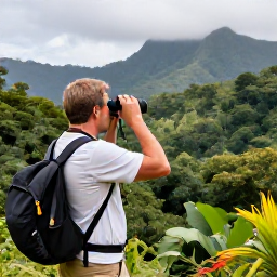 Caribbean Holidays, February Birdwatching, Birdwatcher overlooking a lush Guadeloupe rainforest valley in February, with binoculars and tropical foliage