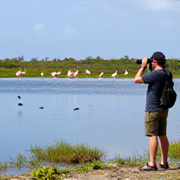 Caribbean Holidays, February Birdwatching, Birdwatcher using binoculars beside a calm Cura&ccedil;ao wetland, with flamingos and wading birds in the distance