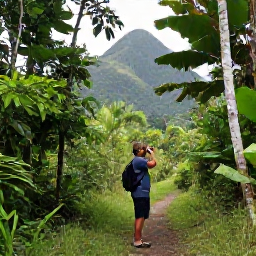 Caribbean Holidays, February Birdwatching, Birdwatcher using binoculars beside a forest trail in Saint Vincent, surrounded by tropical trees and mountain vegetation