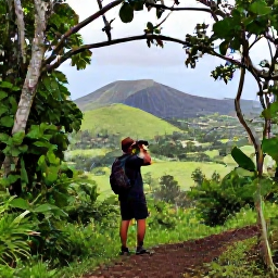Caribbean Holidays, February Birdwatching, Birdwatcher using binoculars beside a forest trail with green hills and volcanic scenery on Saint Kitts