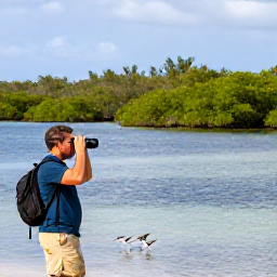 Caribbean Holidays, February Birdwatching, Birdwatcher using binoculars beside a mangrove lagoon on Saint Croix, with wading birds and calm Caribbean water
