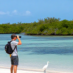 Caribbean Holidays, February Birdwatching, Birdwatcher using binoculars beside a peaceful lagoon on Providenciales, with mangroves, white egrets and a clear blue sky