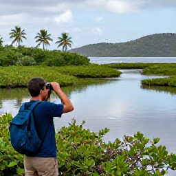 Caribbean Holidays, February Birdwatching, Birdwatcher using binoculars beside a quiet Caribbean wetland with mangroves, palms and distant hills