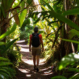 Caribbean Holidays, February Birdwatching, Birdwatcher walking along a shaded Montserrat forest trail in February, surrounded by tropical plants and dappled sunlight
