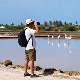 Caribbean Holidays, February Birdwatching, Birdwatcher with binoculars beside a Cura&ccedil;ao salt pan, flamingos in shallow water and tropical vegetation