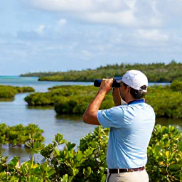 Caribbean Holidays, February Birdwatching, Birdwatcher with binoculars looking across a mangrove lagoon and coastal woodland on St Croix
