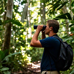 Caribbean Holidays, February Birdwatching, Birdwatcher with binoculars on a rainforest trail in Saint Lucia, tropical foliage and filtered sunlight