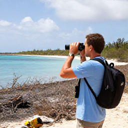 Caribbean Holidays, February Birdwatching, Birdwatcher with binoculars overlooking a calm Caribbean shoreline and dry scrub on Bonaire in February