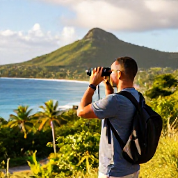 Caribbean Holidays, February Birdwatching, Birdwatcher with binoculars overlooking lush tropical hills and coastline on Saint Kitts in warm February sunshine