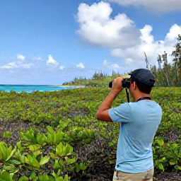 Caribbean Holidays, February Birdwatching, Birdwatcher with binoculars overlooking mangroves and coastal woodland on Tortola, British Virgin Islands
