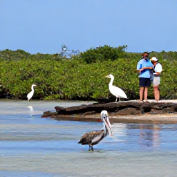 Caribbean Holidays, February Birdwatching, Birdwatchers beside a quiet salt pond in Sint Maarten, spotting a brown pelican, herons and egrets among mangroves
