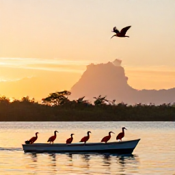 Caribbean Holidays, February Birdwatching, Birdwatchers in a small boat observing scarlet ibis at sunset in Caroni Swamp, Trinidad