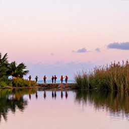 Caribbean Holidays, February Birdwatching, Birdwatchers observing waterbirds beside a calm Bermuda pond, with reeds, reflections and pastel island scenery in soft February light