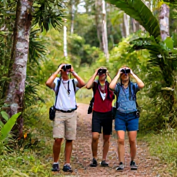 Caribbean Holidays, February Birdwatching, Birdwatchers with binoculars on a forest trail in the Main Ridge Forest Reserve, Tobago