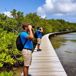 Caribbean Holidays, February Birdwatching, Birdwatchers with binoculars on a quiet mangrove boardwalk in Providenciales, surrounded by Caribbean vegetation and shallow lagoons