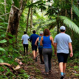 Caribbean Holidays, February Birdwatching, Birdwatching group walking a shaded trail through lush Dominican Republic rainforest with a friendly local guide