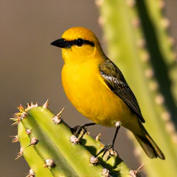 Caribbean Holidays, February Birdwatching, Close-up view of a bright Cura&ccedil;ao tropical bird perched on a cactus branch in warm morning light