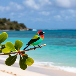 Caribbean Holidays, February Birdwatching, Colourful Caribbean bird perched on a sea grape branch beside a sandy beach in the British Virgin Islands