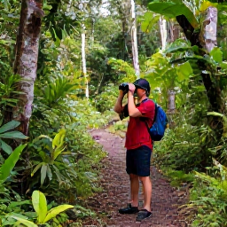 Caribbean Holidays, February Birdwatching, Colourful Caribbean birds in lush rainforest on Saint Vincent, with a birdwatcher using binoculars on a quiet woodland trail