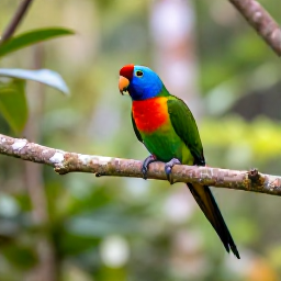Caribbean Holidays, February Birdwatching, Colourful Saint Lucia parrot perched on a branch in a lush rainforest, soft morning light