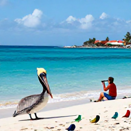 Caribbean Holidays, February Birdwatching, Colourful tropical birds and a brown pelican near a Caribbean beach on Saint Martin, with clear blue water and a relaxed birdwatcher