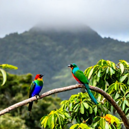 Caribbean Holidays, February Birdwatching, Colourful tropical birds in lush rainforest on Saint Vincent, with misty mountain slopes in the background