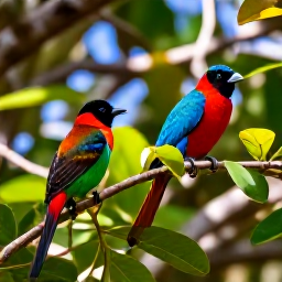 Caribbean Holidays, February Birdwatching, Colourful tropical birds perched among green leaves in a sunny United States Virgin Islands woodland