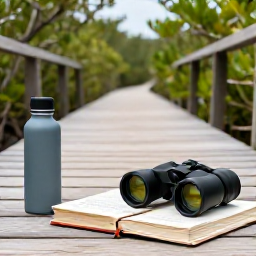 Caribbean Holidays, February Birdwatching, Comfortable Caribbean nature holiday scene with binoculars, field guide and water bottle beside a mangrove boardwalk in Turks and Caicos