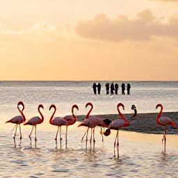 Caribbean Holidays, February Birdwatching, Flamingos standing in a shallow salt pond at sunset on North Caicos, with a small group of birdwatchers in the distance
