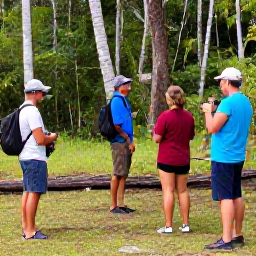 Caribbean Holidays, February Birdwatching, Friendly birdwatching guide and visitors observing birds in a peaceful Saint Vincent woodland clearing