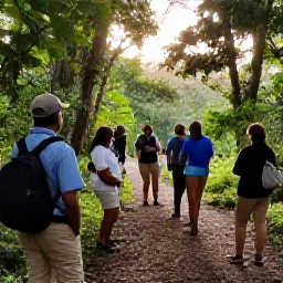 Caribbean Holidays, February Birdwatching, Friendly expert birdwatching guide leading a small group along a Caribbean forest trail at sunrise