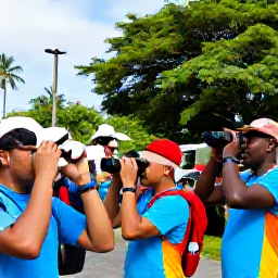 Caribbean Holidays, February Birdwatching, Friendly travellers enjoying a colourful Trinidad Carnival street parade with tropical scenery and birdwatching equipment