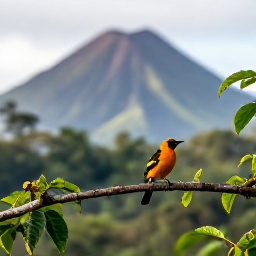 Caribbean Holidays, February Birdwatching, Montserrat oriole perched on a branch in lush green rainforest, with soft morning light and volcanic hills beyond