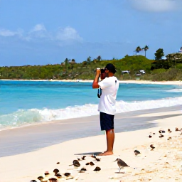 Caribbean Holidays, February Birdwatching, Quiet Guadeloupe coastal landscape with binoculars, shorebirds and a warm February sea under a blue sky
