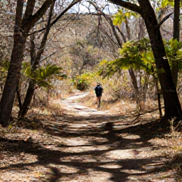 Caribbean Holidays, February Birdwatching, Quiet tropical trail through dry forest in the US Virgin Islands, birdwatcher in the distance and dappled sunlight