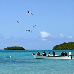 Caribbean Holidays, February Birdwatching, Relaxed birdwatchers on a Caribbean boat near the Grenadine islands, with seabirds flying above turquoise water and green islets