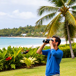 Caribbean Holidays, February Birdwatching, Relaxed birdwatching beside a tropical garden in Trinidad, with binoculars and Caribbean scenery