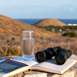 Caribbean Holidays, February Birdwatching, Relaxed birdwatching morning in Cura&ccedil;ao, with binoculars, water and a field guide overlooking dry hills and the Caribbean Sea