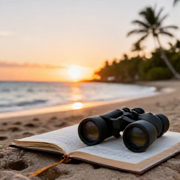 Caribbean Holidays, February Birdwatching, Relaxed Caribbean birdwatching holiday scene with binoculars, field guide and tropical coastline at sunset
