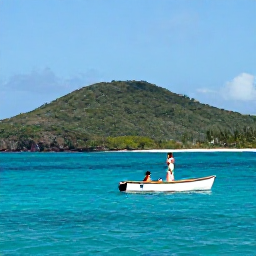 Caribbean Holidays, February Birdwatching, Relaxed couple birdwatching from a small boat near the green islands and turquoise water of the British Virgin Islands
