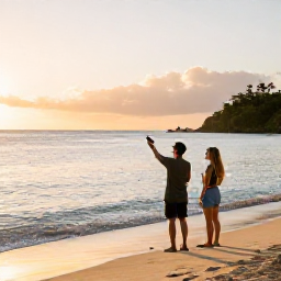 Caribbean Holidays, February Birdwatching, Relaxed couple watching birds beside a calm Caribbean beach on Saint Kitts at sunrise