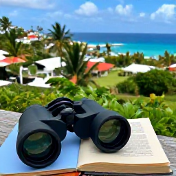Caribbean Holidays, February Birdwatching, Relaxed February birdwatching holiday scene in Saint Martin, with binoculars, field guide and tropical landscape overlooking the Caribbean