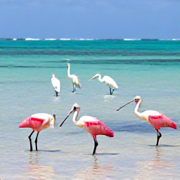 Caribbean Holidays, February Birdwatching, Roseate spoonbills and white herons feeding in shallow turquoise wetlands on Providenciales, Turks and Caicos Islands, bright February sunshine