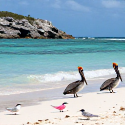 Caribbean Holidays, February Birdwatching, Roseate terns and brown pelicans around a quiet US Virgin Islands beach, with turquoise sea and rocky coastline