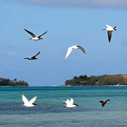 Caribbean Holidays, February Birdwatching, Roseate terns and brown pelicans flying above a calm Caribbean bay in the British Virgin Islands, bright February sunshine