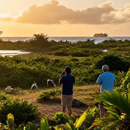 Caribbean Holidays, February Birdwatching, Roseau Pond and coastal wetlands on Saint Martin at sunrise, with birdwatchers quietly observing wading birds and tropical vegetation